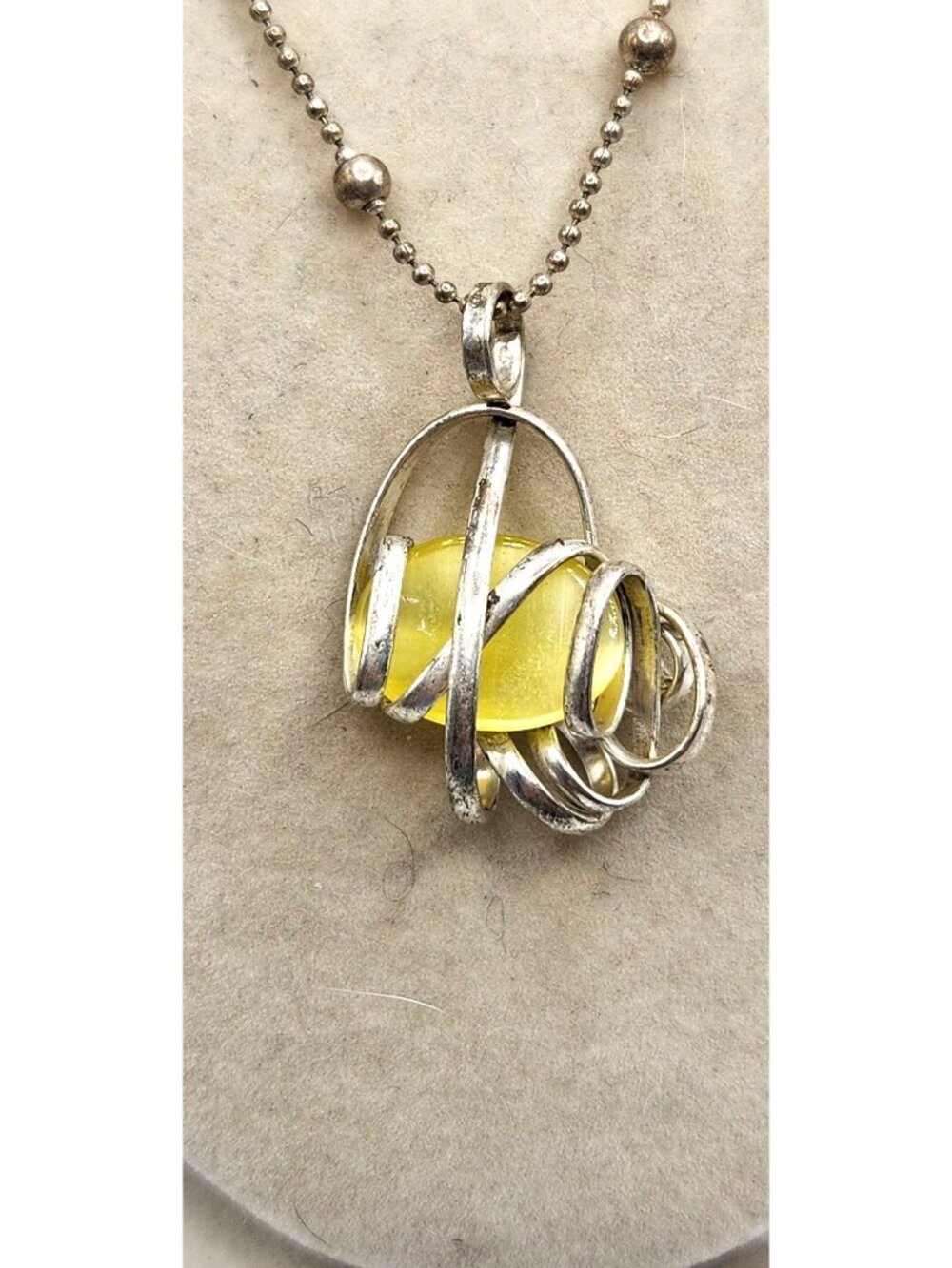 Silver Tone Necklace With Yellow Glass Stone Wire-Wrapped